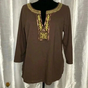 Liz Claiborne First Issue Women’s Lg Brown Embroidered Sequined V Neck BOHO Top